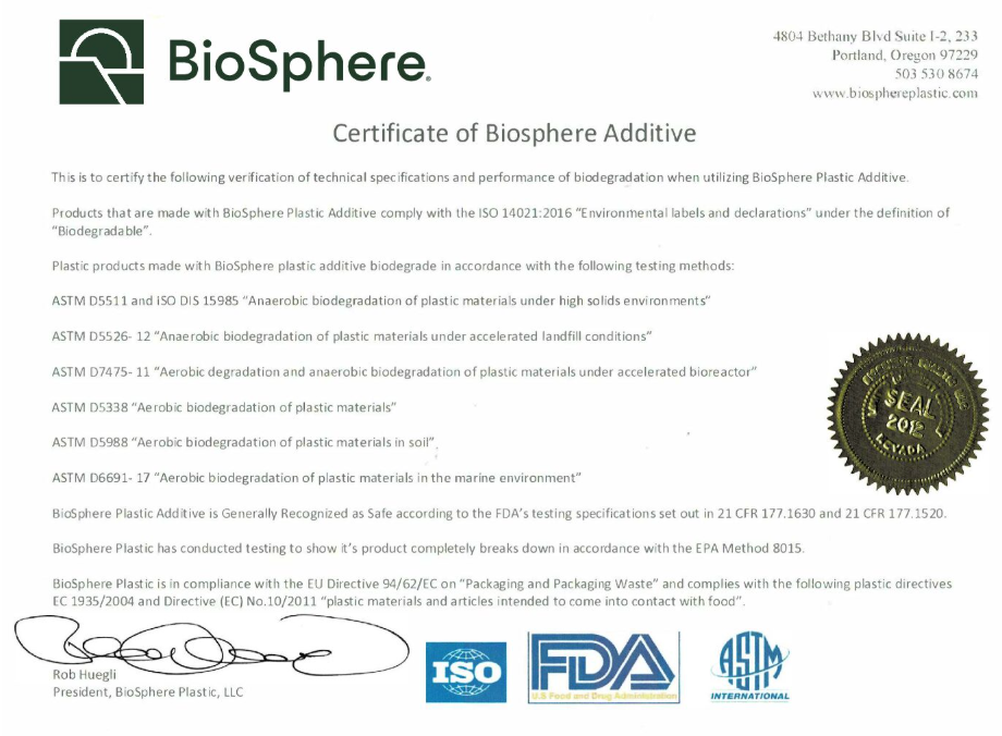 Biodegradability Certificate